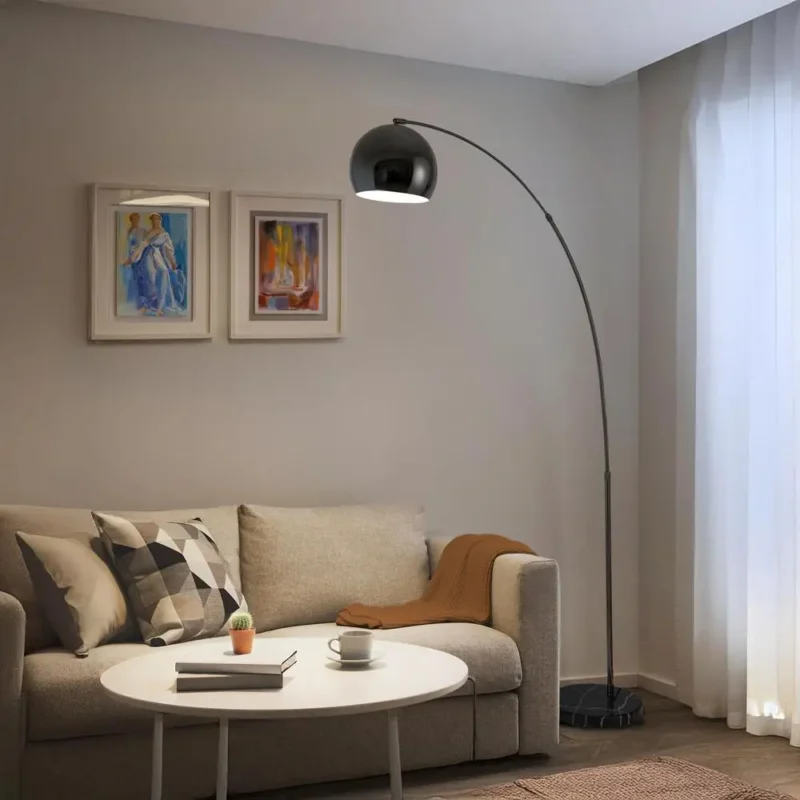 Modern Black Marble Base Arc Floor Lamp with Dome Shade for Living Room - Image 6