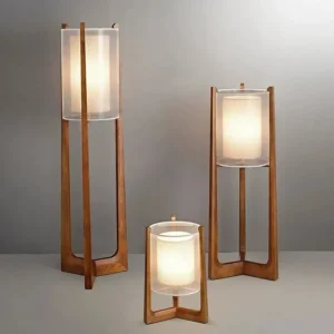 Japanese Wooden Lantern Floor Lamp with Fabric Shade for Living Room