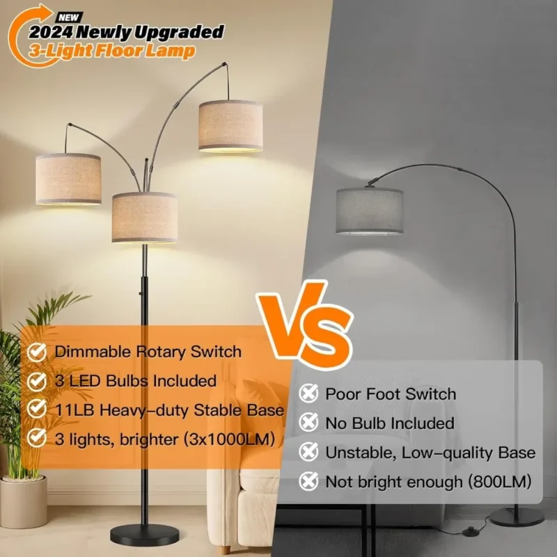 Modern 3-Light Arc Floor Lamp with Beige Shades and Heavy Base - Image 6
