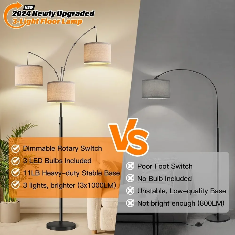 Three-arm arc floor lamp providing adjustable reading light for different seating arrangements