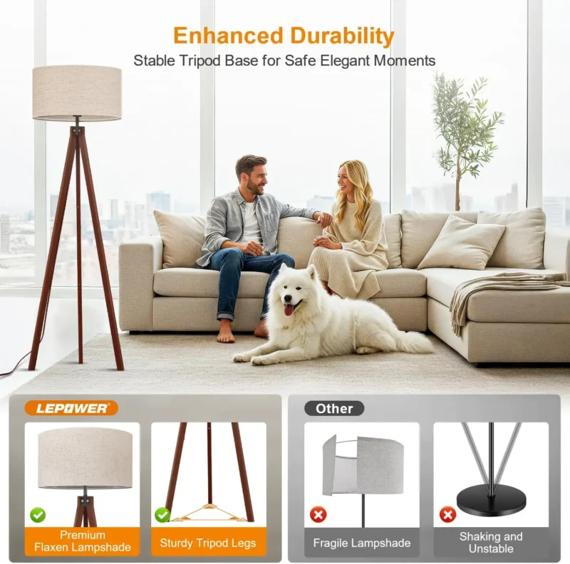 Wooden Tripod Floor Lamp with Fabric Shade for Living Room and Bedroom - Image 2