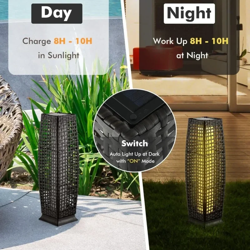 Solar LED Wicker Outdoor Floor Lamps IP65 Waterproof with Auto On/Off 2-Pack - Image 4