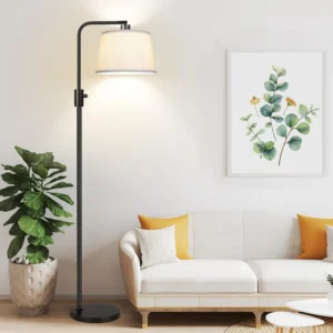 Contemporary Black Iron Arc Floor Lamp with Dimmable LED and Linen Shade