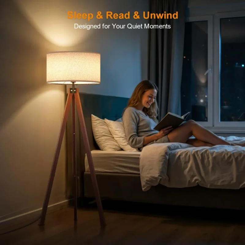 Wooden Tripod Floor Lamp with Fabric Shade for Living Room and Bedroom - Image 6