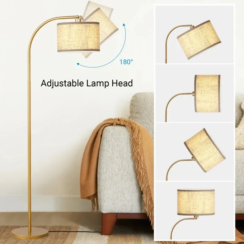 Arc floor lamp perfectly positioned beside a bed for optimal reading illumination