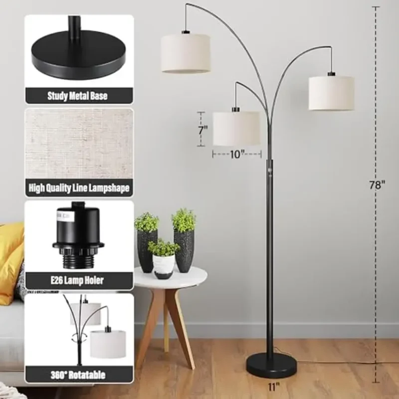 Modern 3-Light Adjustable Arc Floor Lamp with Linen Shades for Living Room - Image 3