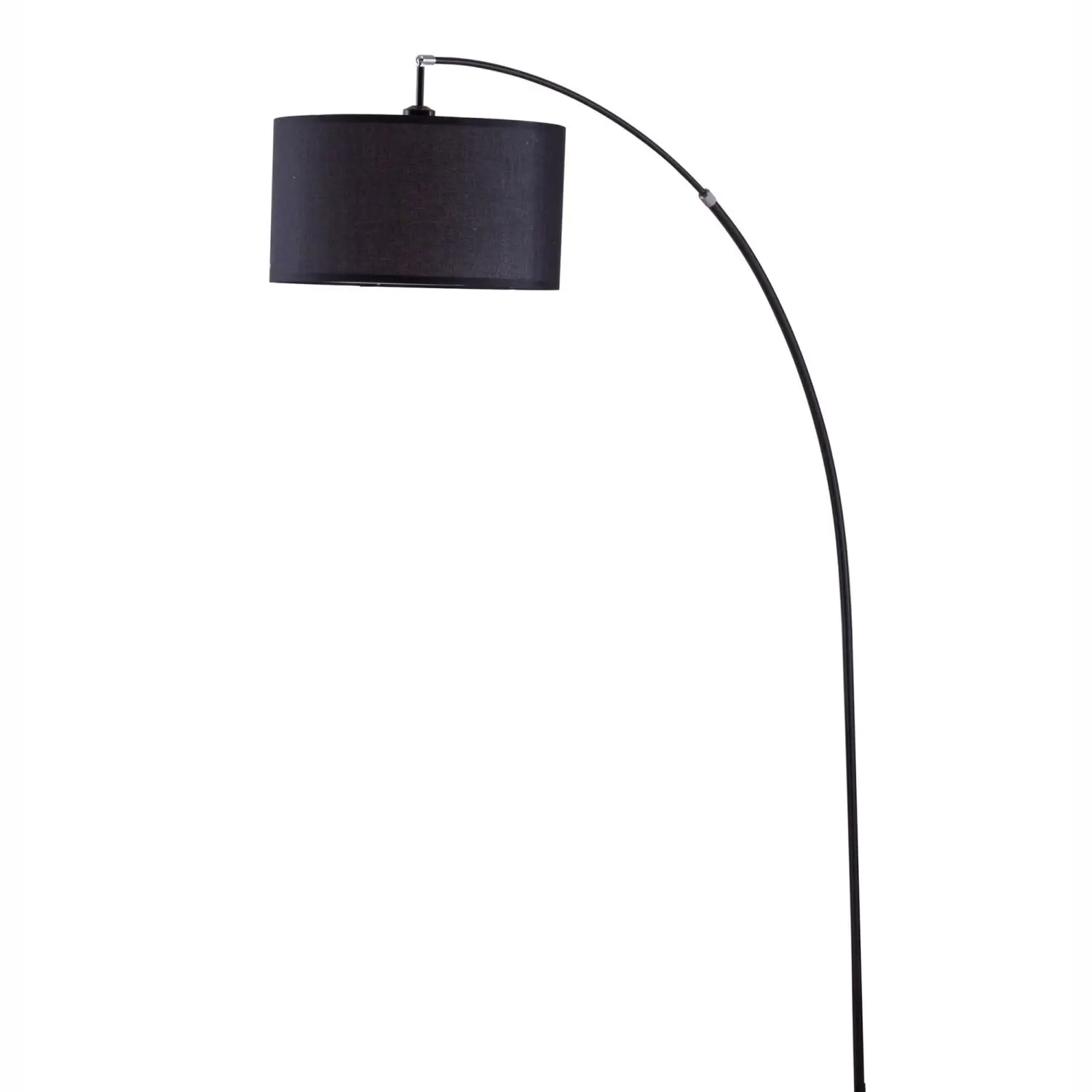 Modern black arc floor lamp strategically positioned behind sectional sofa