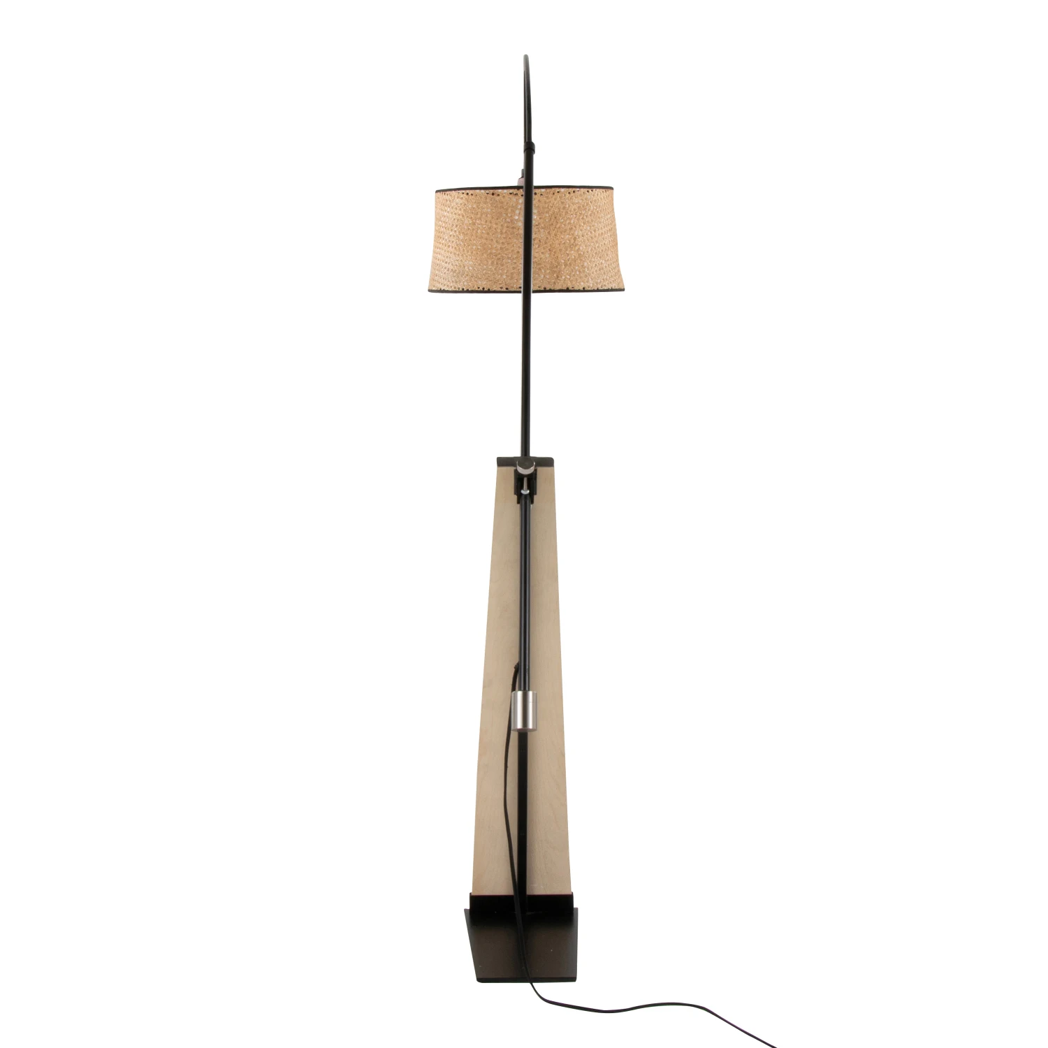 Mid-century inspired wooden arc floor lamp with rattan shade for stylish home lighting