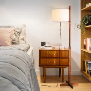 Rustic Wooden Floor Lamp with Fabric Shade for Living Room and Bedroom