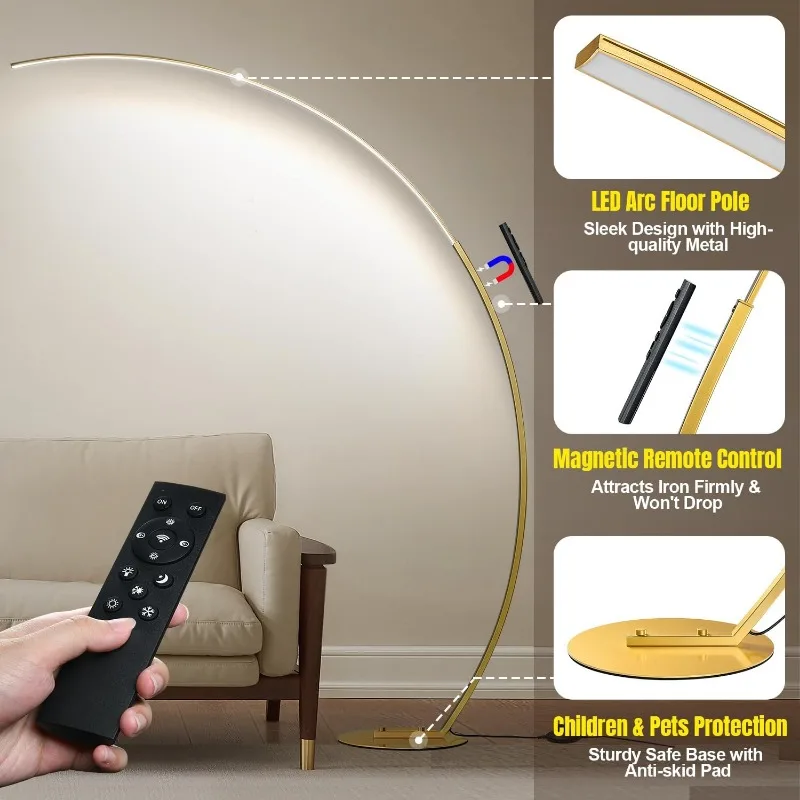 Gold arc lamp creating a warm glow in an elegantly styled living room