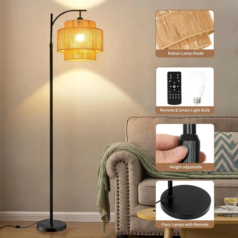 Modern Black Rattan Arc Floor Lamp with Remote Dimmable Light for Living Room - Image 6