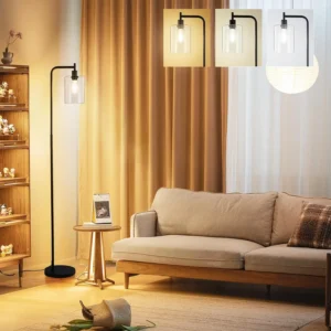 Industrial Black Glass Arc Floor Lamp with Dimmable LED and Remote Control