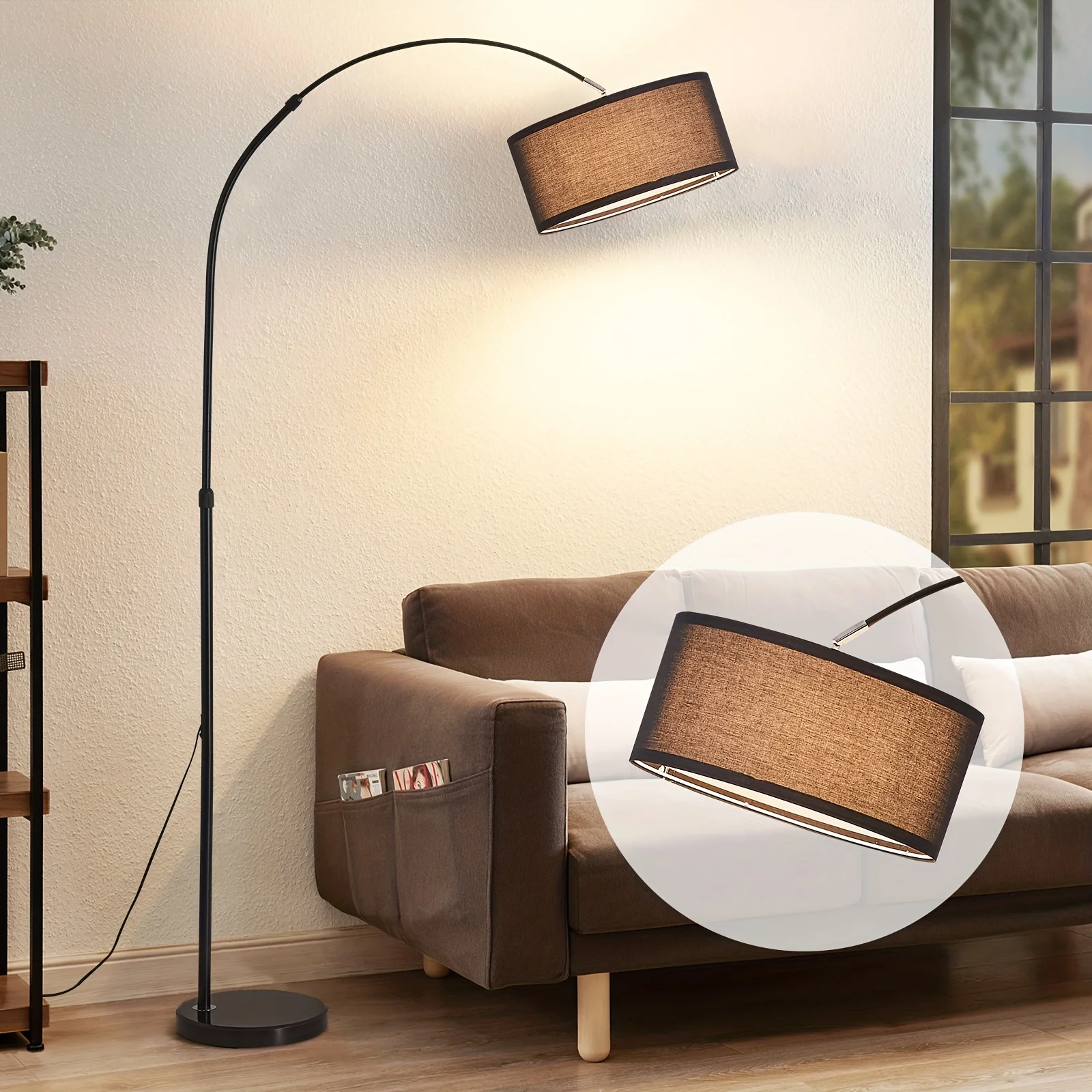 Modern adjustable arc lamp demonstrating proper positioning for reading comfort