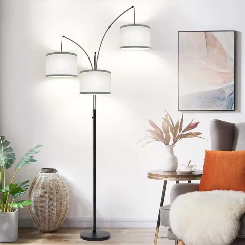 Modern 3-Light Arc Floor Lamp with Fabric Shades for Living Room - Image 7