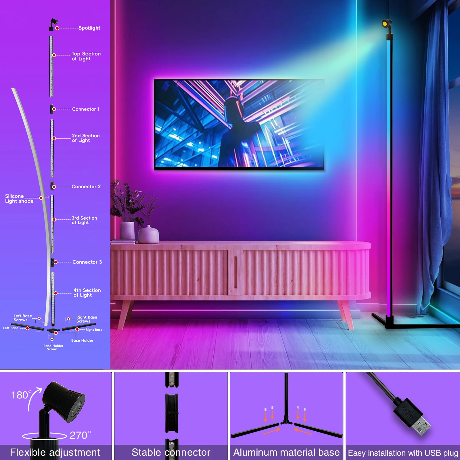 Smart RGB arc floor lamp with app controls for modern home lighting