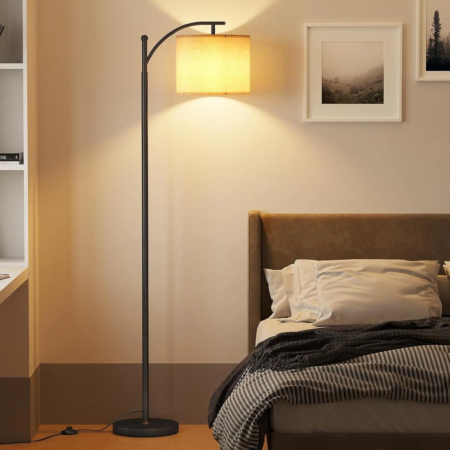 Modern LED arc floor lamp with sleek metal finish and adjustable brightness