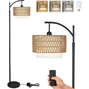 Farmhouse Black Rattan Arc Floor Lamp with Remote Dimmable LED and Color Temperature Control