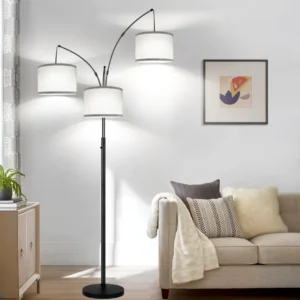 Modern 3-Light Arc Floor Lamp with Gray Linen Shades for Living Room