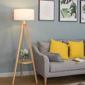 Minimalist Wood Grain Arc Floor Lamp with Storage Shelf for Living Room