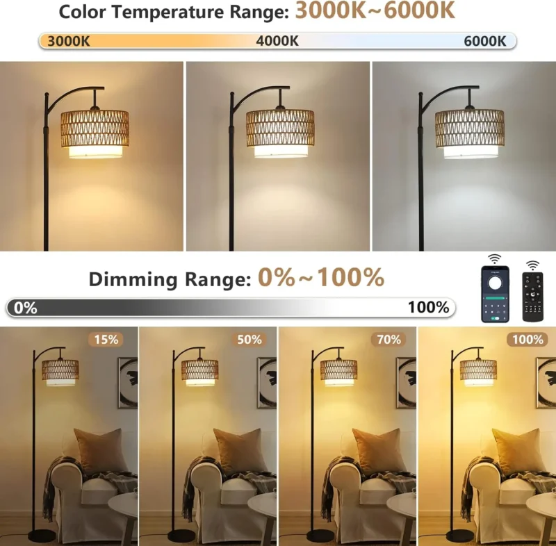 Bohemian Rattan Arc Floor Lamp with Remote Control and Color Settings for Living Room - Image 4