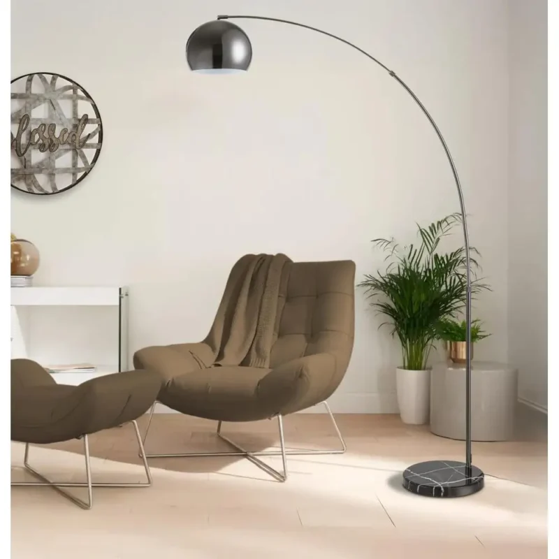 Modern Black Marble Base Arc Floor Lamp with Dome Shade for Living Room - Image 4
