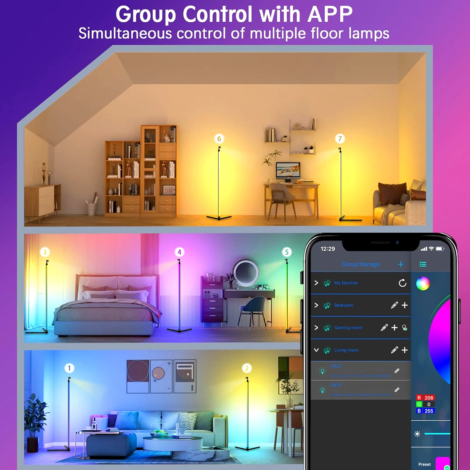 Modern RGB arc floor lamp with smart lighting features requiring minimal cord exposure