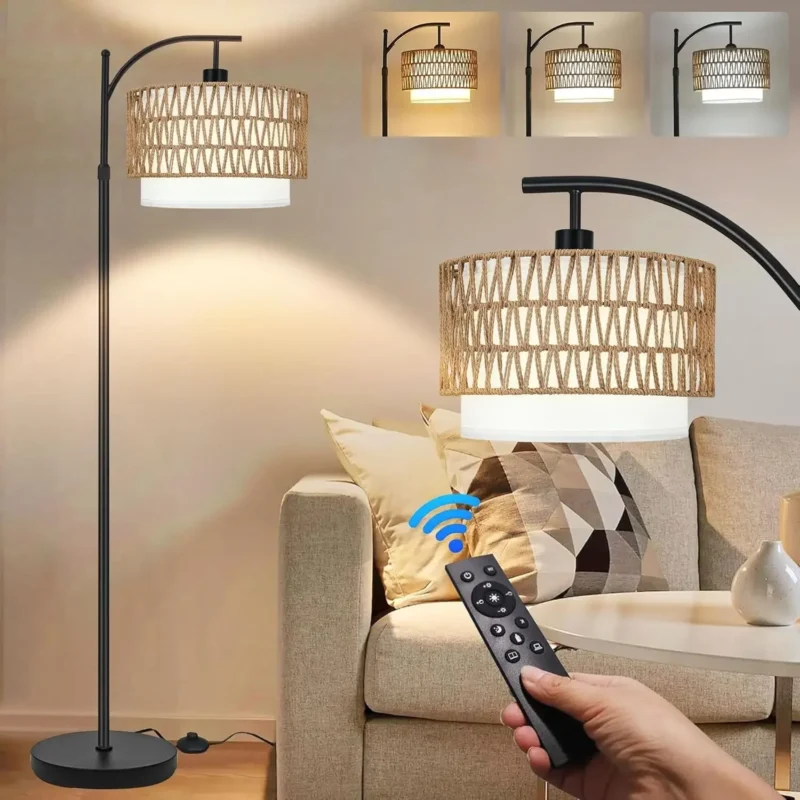 Contemporary Wicker Arc Floor Lamp with Remote Control and Adjustable LED Lighting - Image 7