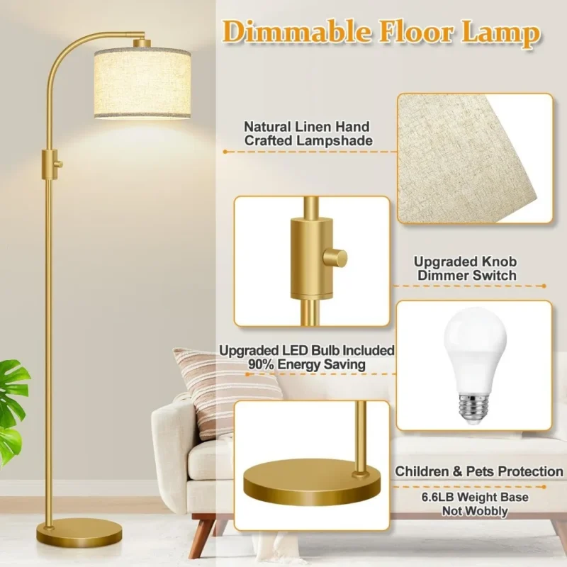 Dimmable Gold Arc Floor Lamp with Linen Shade for Living Room - Image 4