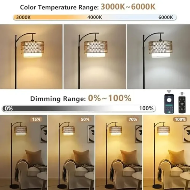 Modern Farmhouse Adjustable Arc Floor Lamp with Remote Control Dimmable Light for Living Room - Image 2