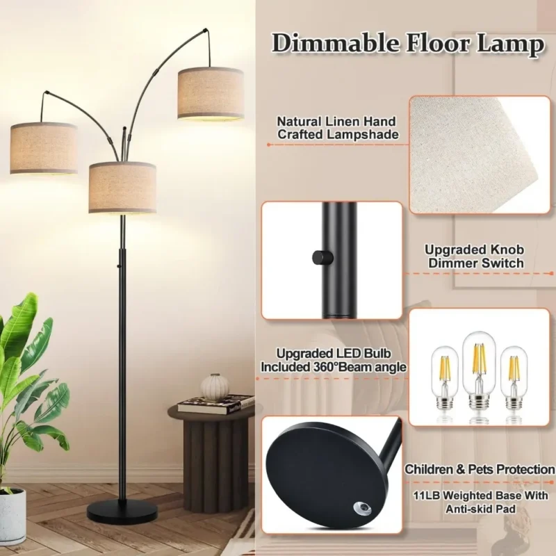 Modern 3-Light Arc Floor Lamp with Beige Shades and Heavy Base - Image 5