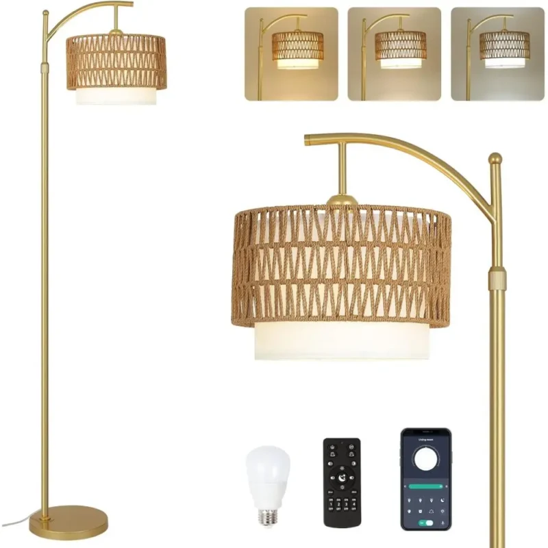 Farmhouse Black Rattan Arc Floor Lamp with Remote Dimmable LED and Color Temperature Control - Image 7