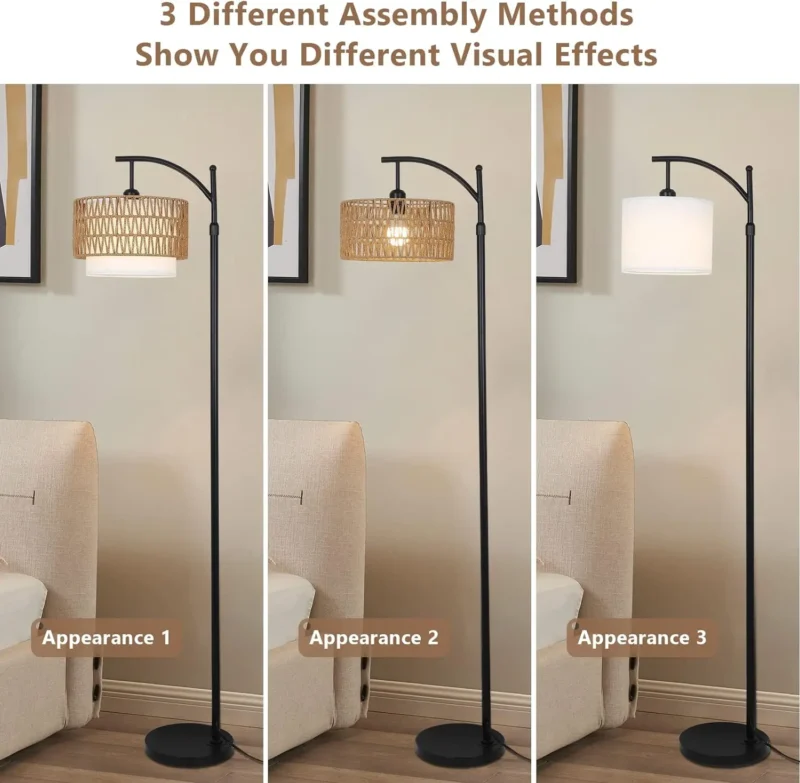 Bohemian Rattan Arc Floor Lamp with Remote Control and Color Settings for Living Room - Image 3