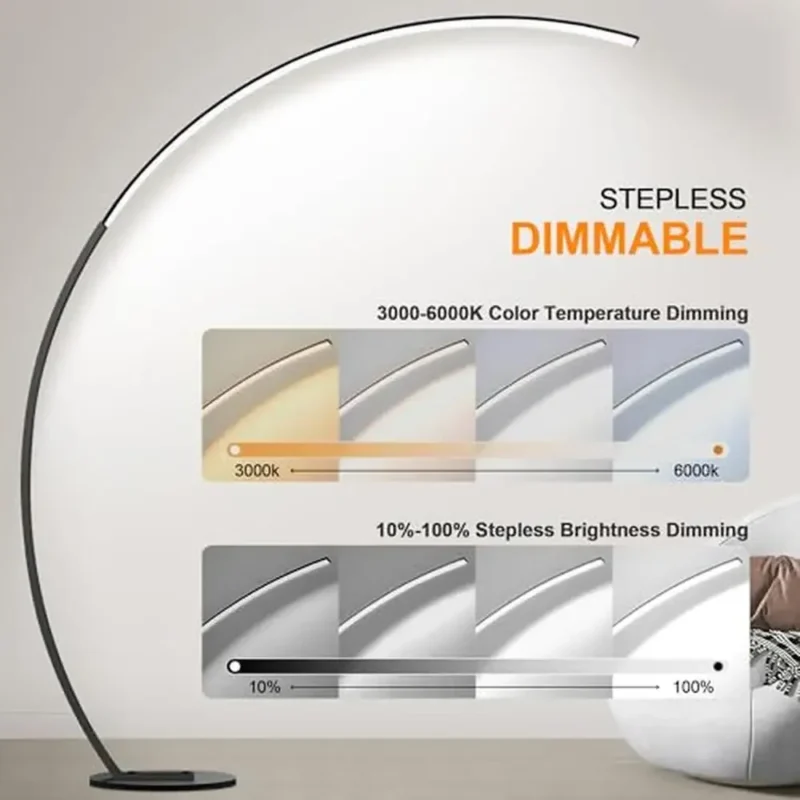 Modern Black Dimmable LED Arc Floor Lamp with Remote Control for Bedroom - Image 5