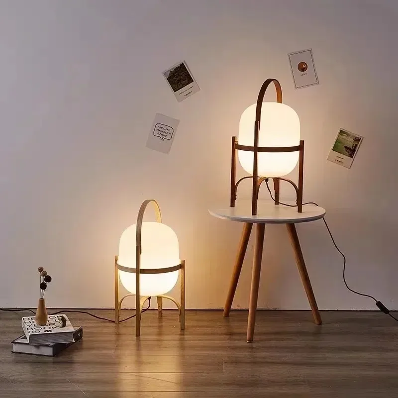 Modern wooden arc floor lamp with rattan shade enhancing a mid-century styled living room