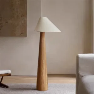 Japanese Tapered Oak Arc Floor Lamp with Fabric Shade for Living Room