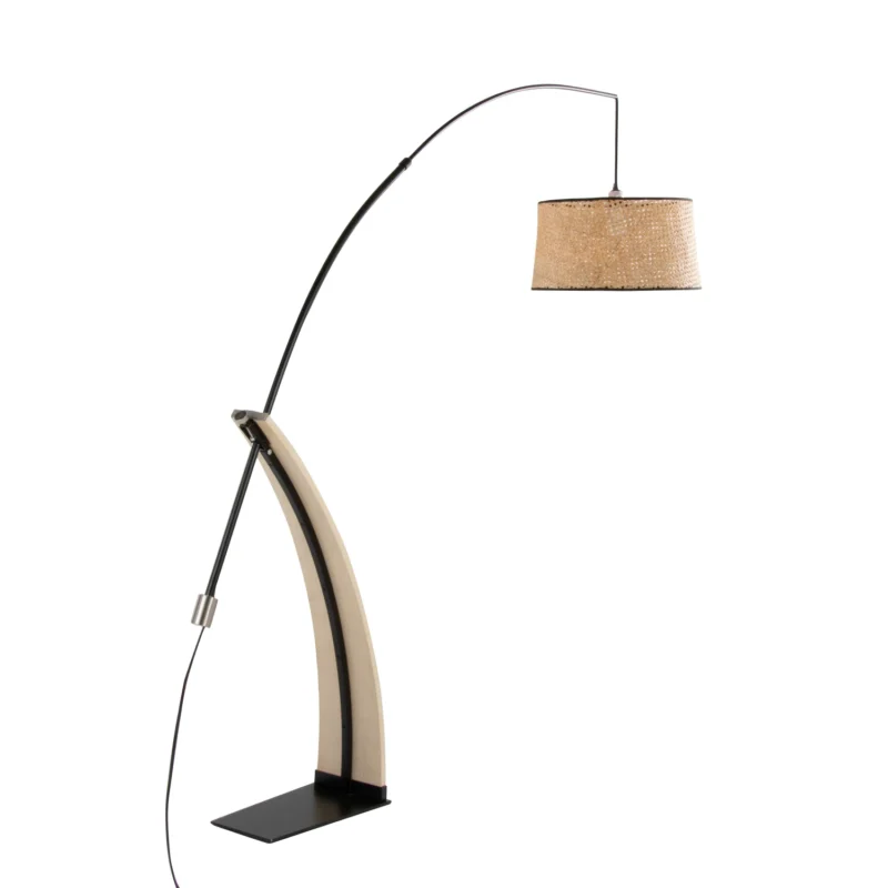 Mid-Century Wood & Black Metal Arc Floor Lamp with Rattan Shade for Living Room - Image 4
