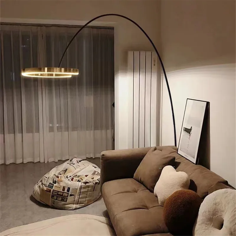 Elegant gold arc lamp with distinctive finish creating a luxurious focal point