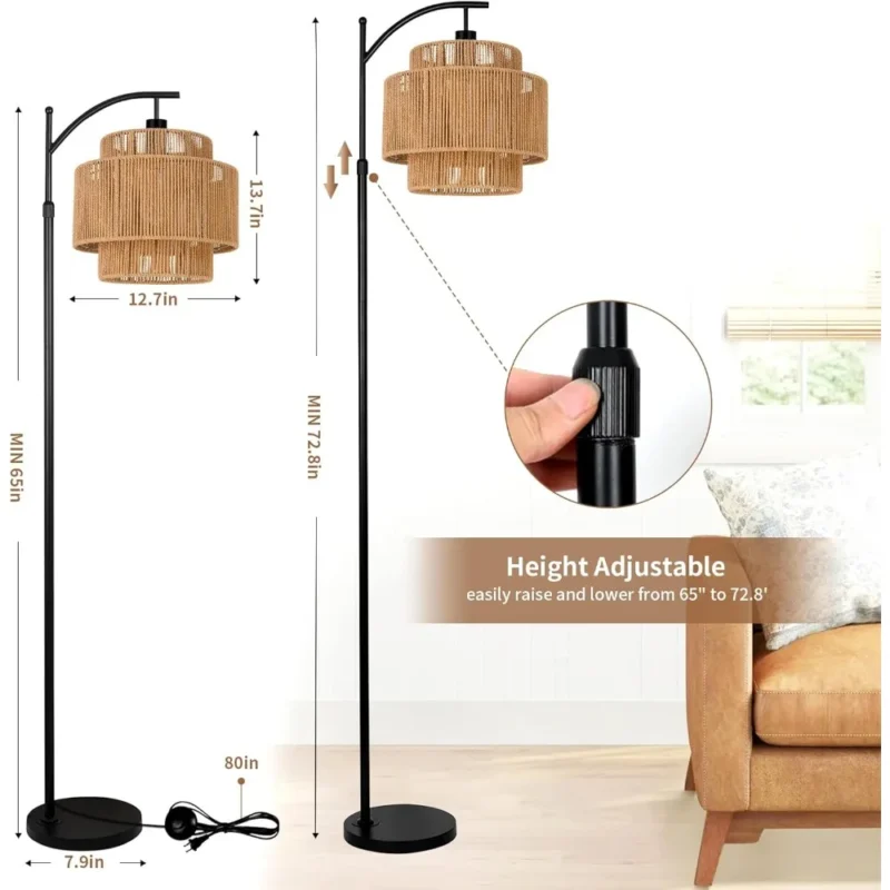 Modern Black Rattan Arc Floor Lamp with Remote Dimmable Light for Living Room - Image 5