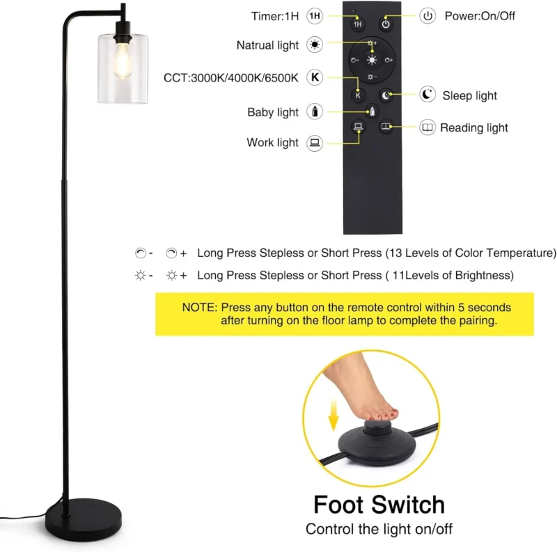 Industrial Black Glass Arc Floor Lamp with Dimmable LED and Remote Control - Image 2