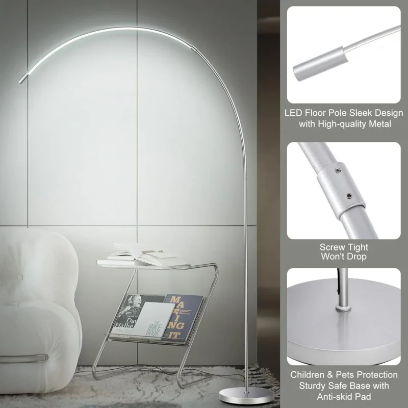 Silver LED Arc Floor Lamp with 3-Color Temperature Remote for Living Room - Image 4