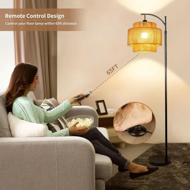 Modern Black Rattan Arc Floor Lamp with Remote Dimmable Light for Living Room - Image 4