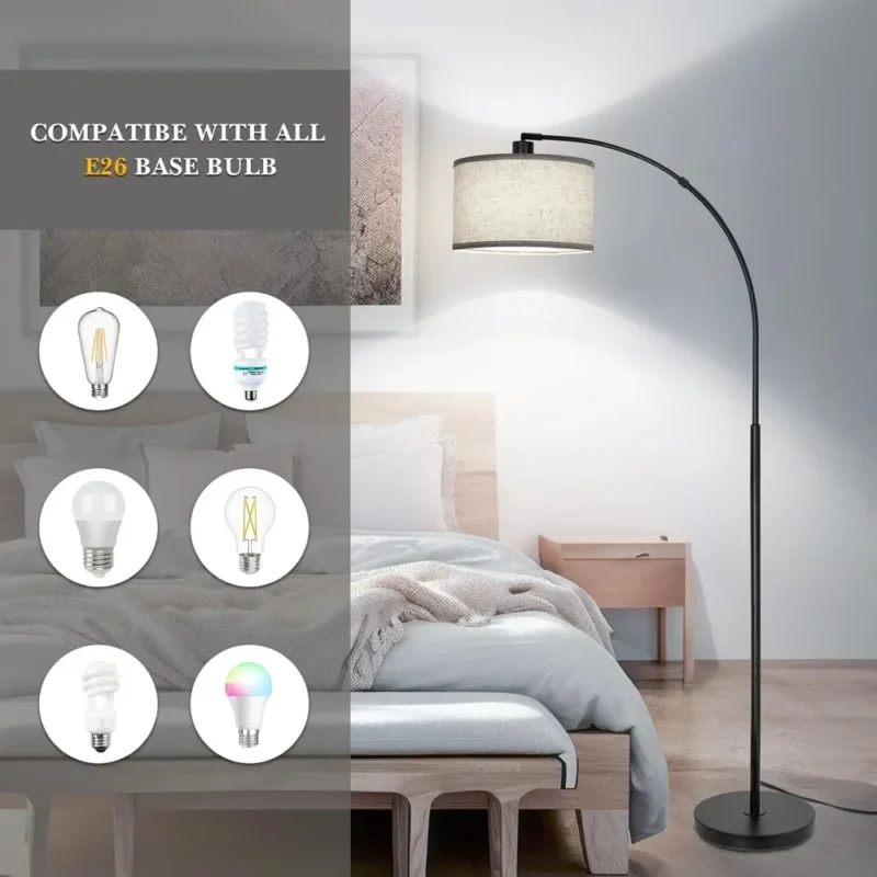 Modern Brushed Nickel Adjustable Arc Floor Lamp with Drum Shade for Living Room - Image 4
