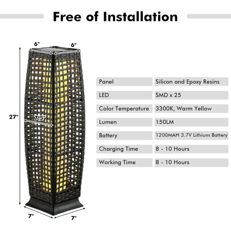 Solar LED Wicker Outdoor Floor Lamps IP65 Waterproof with Auto On/Off 2-Pack - Image 3
