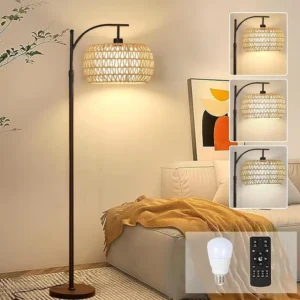 Rattan Arc Floor Lamp with Dimmable LED and Remote Control for Living Room