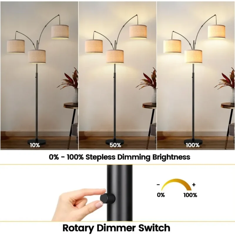 Modern 3-Light Arc Floor Lamp with Beige Shades and Heavy Base - Image 4