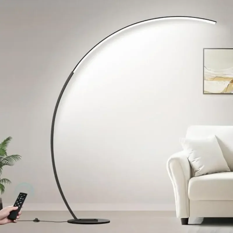 Modern Black Dimmable LED Arc Floor Lamp with Remote Control for Bedroom