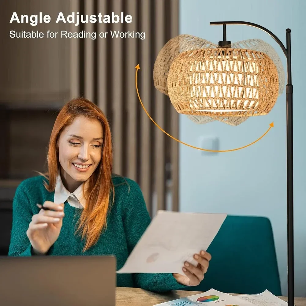 Wicker arc floor lamp adding texture and warmth to living spaces