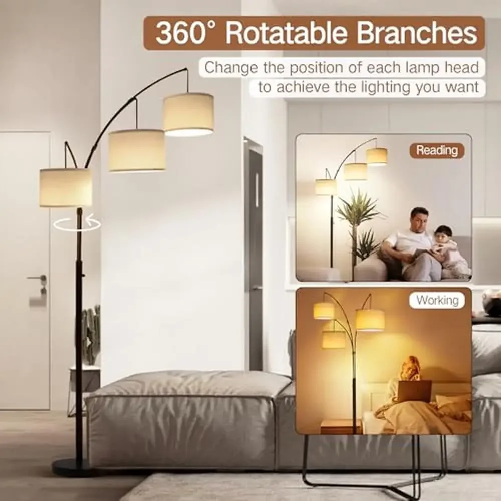 Arc floor lamp positioned perfectly for focused reading in a comfortable corner