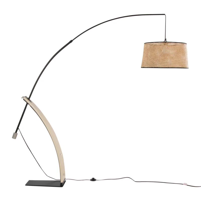 Mid-Century Wood & Black Metal Arc Floor Lamp with Rattan Shade for Living Room - Image 3