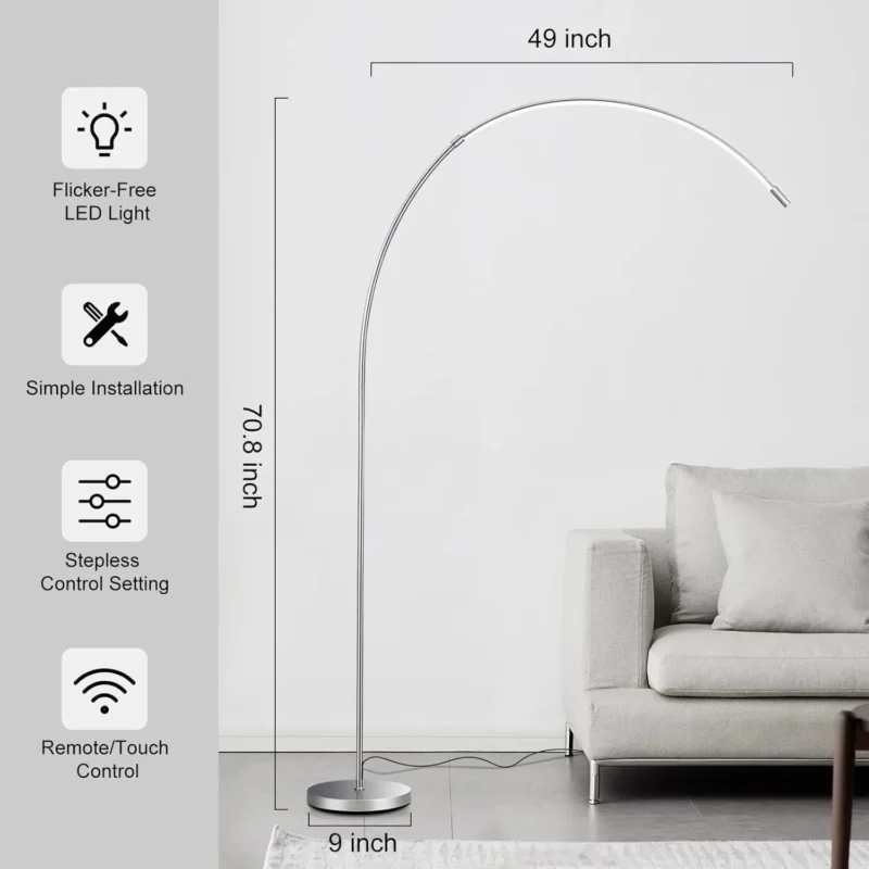Silver LED Arc Floor Lamp with 3-Color Temperature Remote for Living Room - Image 6
